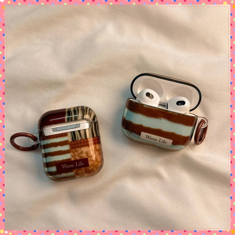 Retro Fashion Red-Brown Fuzzy Stripe Airpod Case