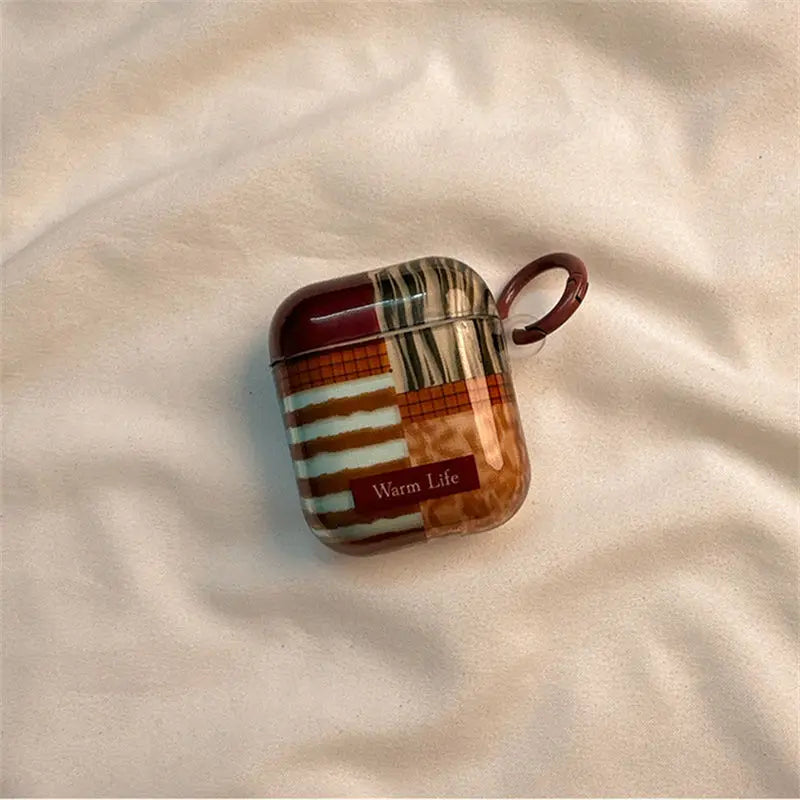 Retro Fashion Red-Brown Fuzzy Stripe Airpod Case