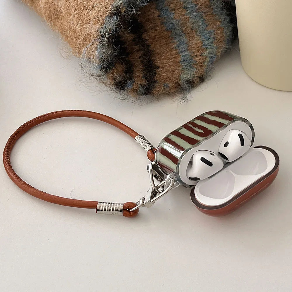Retro Brown Green Striped AirPods Case